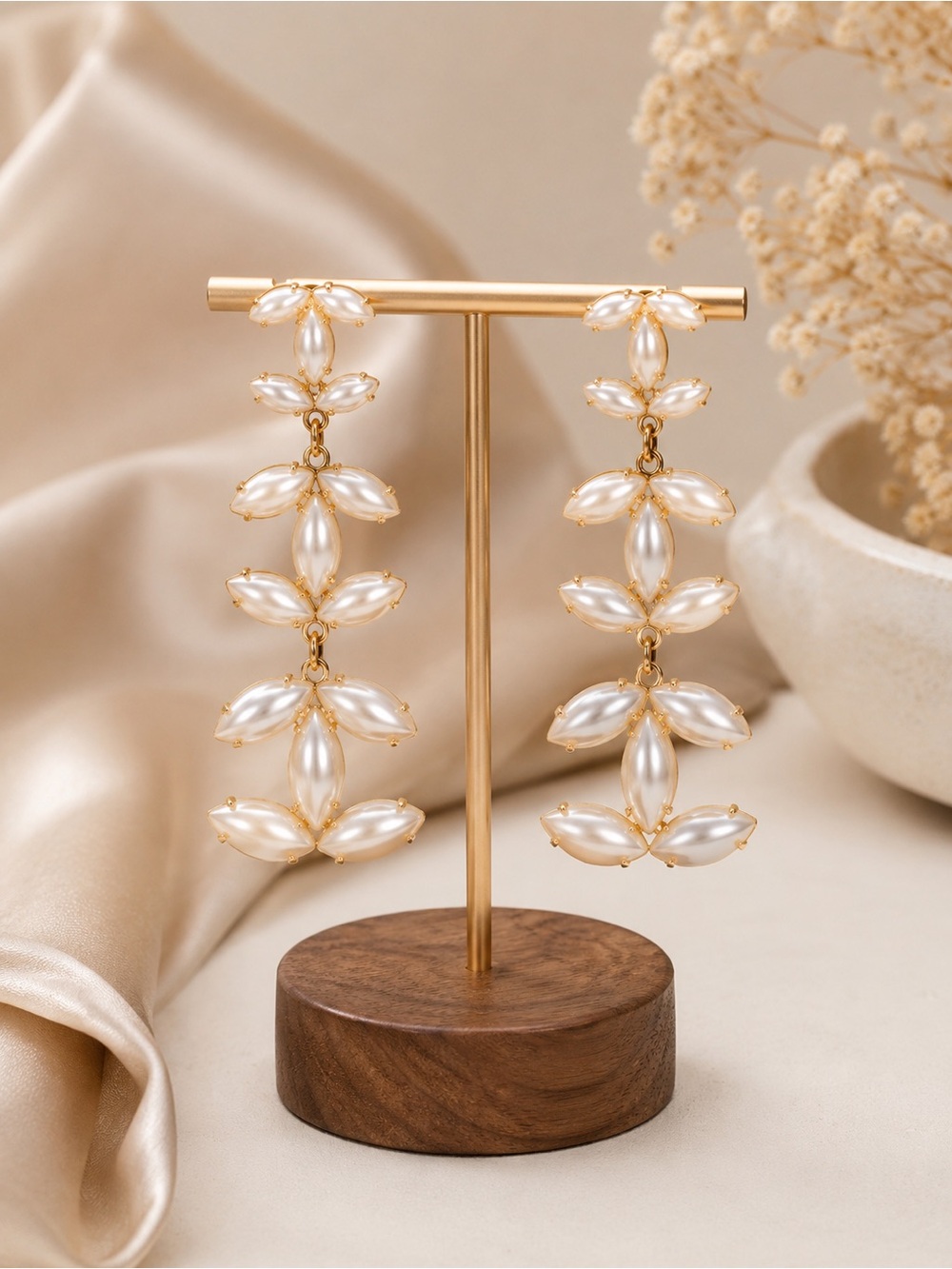 Elegant Pearl Drop Statement Earrings - Gold